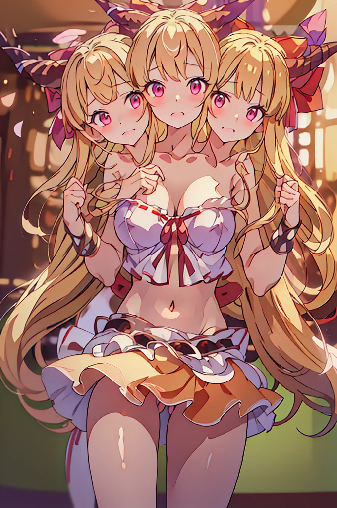 (masterpiece, best quality), best quality, (ultra-detailed), (3heads:1.5), 1girl, (suika ibuki:1.3), masterpiece, (best quality:1.5, highres, UHD), highres, absurdo, ultra detail, ultra quality, Ultra resolution, tattered pale pink top, crop top, ((stomach)), midriff, ((groin)), purple and pink skirt, normal ears, shackles, blonde hair, very long hair, wavy hair, sidelocks, red eyes, detailed eyes, parted lips, sweat, cute, toned belly, hand on own chest, eyelashes, (25 year old woman:1.3), (masterpiece:1.5), (best quality:1.5), (beautiful detailed), extremely detailed CG, extremely delicate and beautiful, depth of field, (finely detailed face), (perfect details:1.2), (mature female:1.3), wide pelvis, slender, large veiny breast, 16k resolution, very high quality, very high definition, extremely detailed, masterpiece, blonde hair, long hair, alluring presence, braid, short skirt, close up, very big tits, huge tits, young, two long straight oni horns on her head, decorated with ribbons, open belly, nsfw, midriff, girl with three heads, ((three headed girl)),
