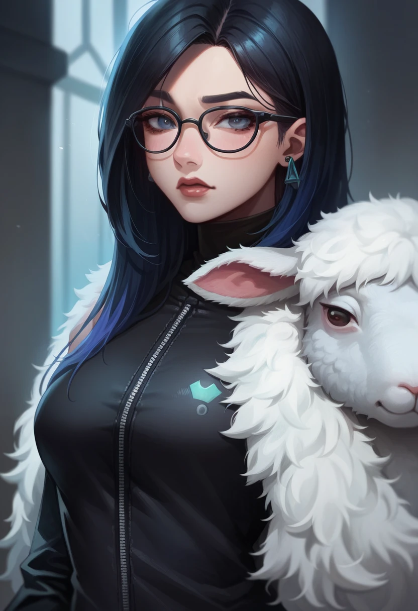 Make a valorant agent, o nome da personagem vai ser Oveemy, she is a friend of the sheep, suas cores, are black, branco, e azul. Ela tem cabelo volumoso e usa oculos.