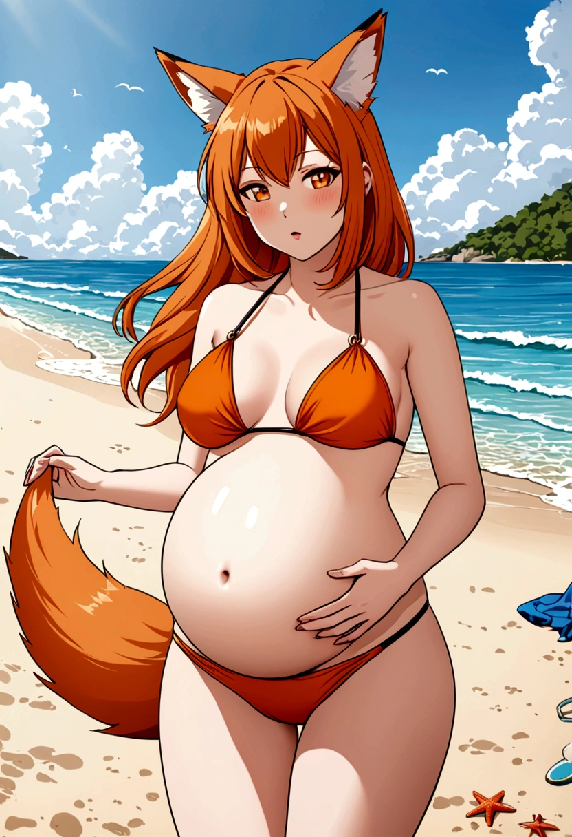 pregnant orange hair fox girl wearing bikini at beach