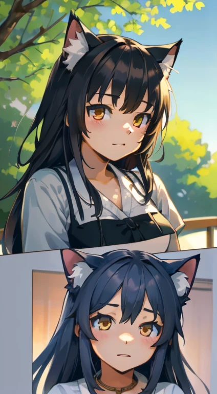 (masterpiece, Best quality), detailed, couple comics, (1 boy, wolf boy, detailed face, short detailed hair), (1 girl, cat girl, detailed face, detailed long hair), full of details, Manga page, doujin, ddlc, Anime, branch panel