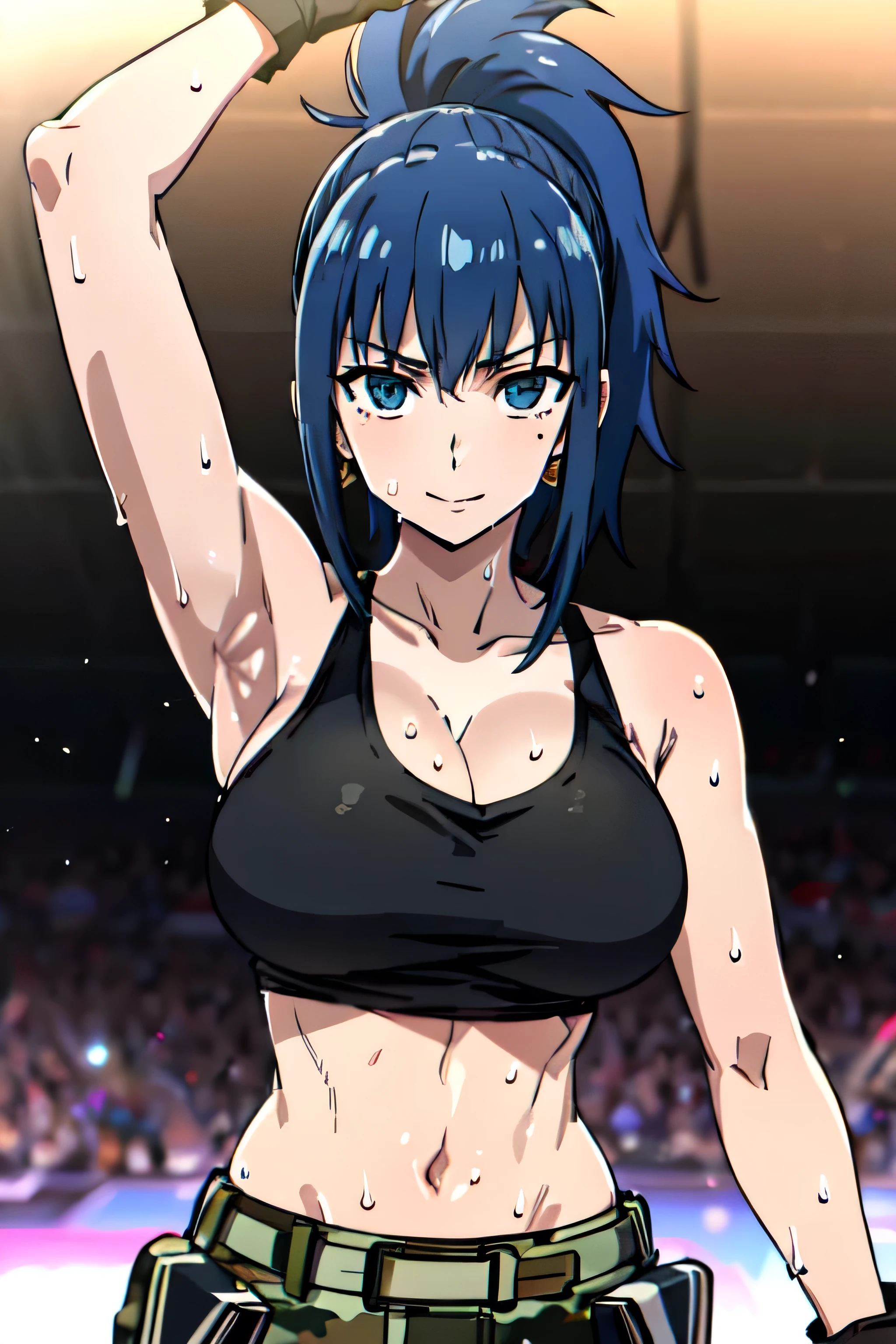 LEONA HEIDERN, BLUE EYES, BLUE HAIR, PONYTAIL, TANK TOP, CAMOUFLAGE PANTS, JEWELRY, CLEAVAGE, CAMOUFLAGE, BARE SHOULDERS, LARGE BREASTS, CROP TOP, POUCH, BANGS, BELT, EARRINGS, SLEEVELESS, MIDRIFF, LONG HAIR, TRIANGLE EARRINGS, BLACK GLOVES, 1girl, solo, upper body, facing viewer, (looking at viewer:1.5), in the center, smile
,armpits,armpit,sweat,sweaty,sweaty armpits,awesome armpits,tired,exhausted,sensual expression 