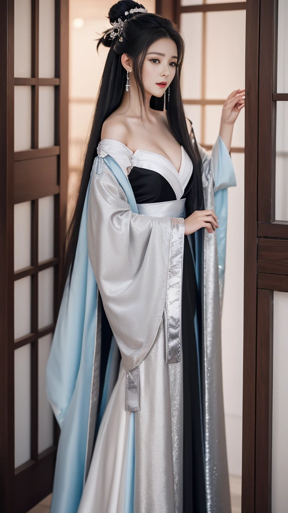 best quality,8k resolution,woman,Princess,Long hair,Black Hair,hanfu,only_Shoulder, cape, earring,Hair Bun,stocking,best quality,8k resolution,whole body,woman,Princess,Black Hair,Long hair,hanfu,Silver Cleavage Dress,only_Shoulder,stocking,High heel,