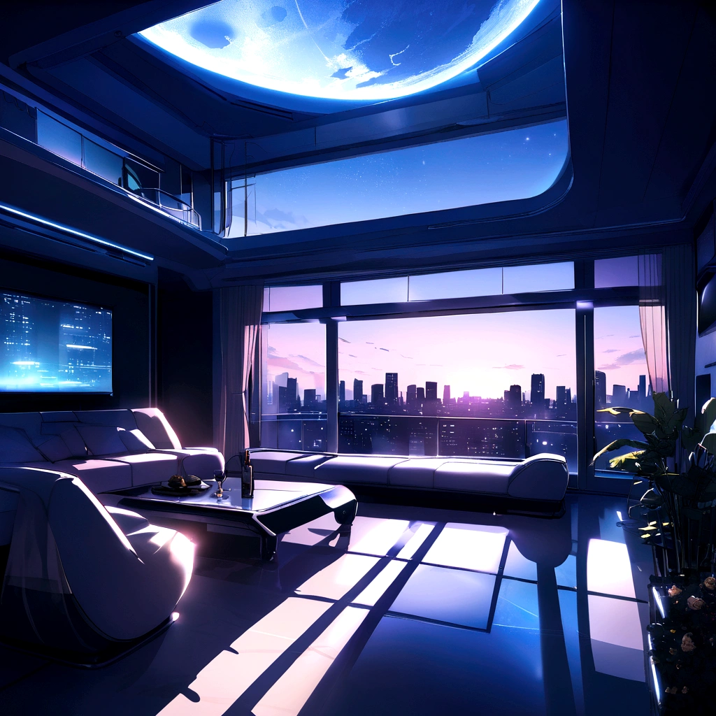 view over the rooftop of a modern futuristic apartment in 2050 and the beautiful moon shining through