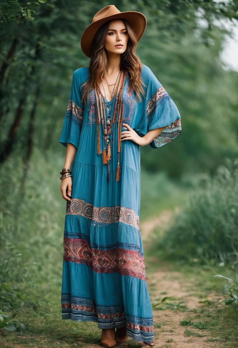 , Beautiful attractive woman , stand up, boho style, full-length