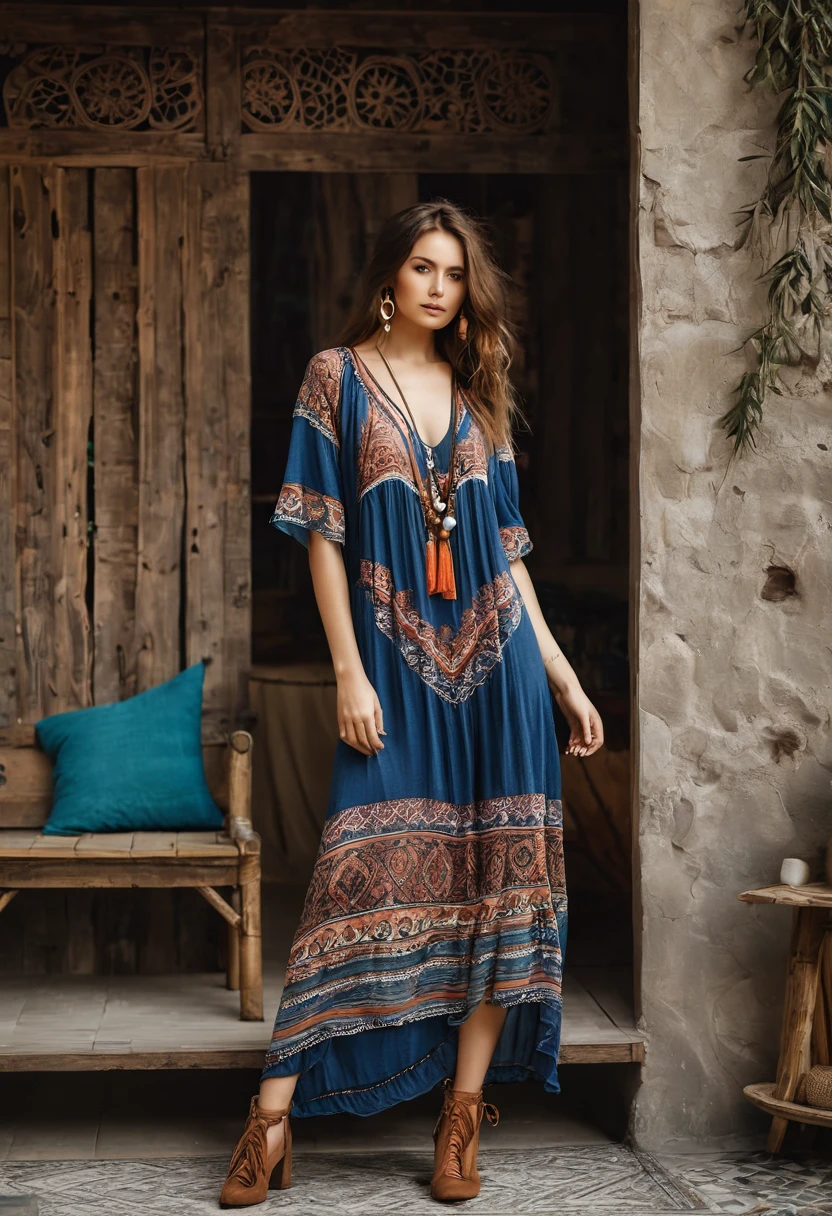 , Beautiful attractive woman , stand up, boho style, full-length 