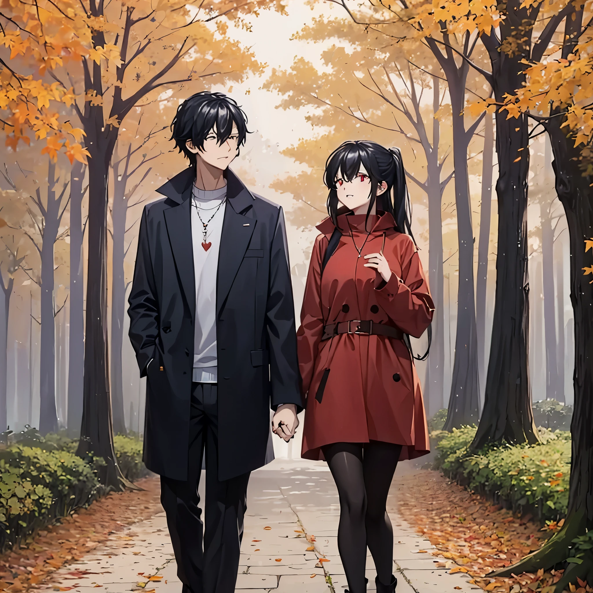 a man together with his wife(eye red) in casual clothes in an autumn themed park
