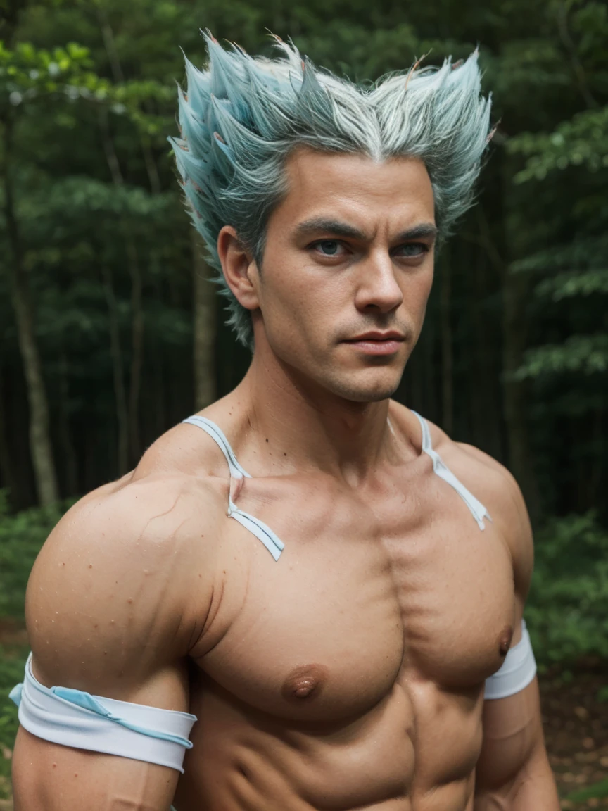 1 garou man, aquamarine eyes, short hair, white hair, spiky hair, muscles,,, standing, masterpiece, blush, light blue eyes, long eyelashes, detailed eyes, large muscles, forest, day, bandages