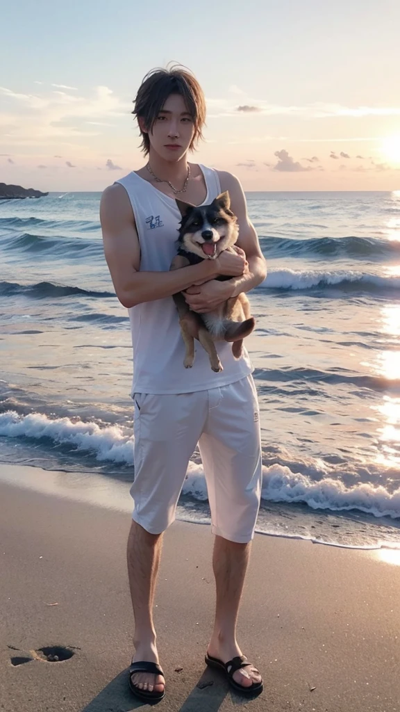 ＡＩBeauty、Show off your whole body、Prompto holding a dog、リアルBeauty、Sunset beach