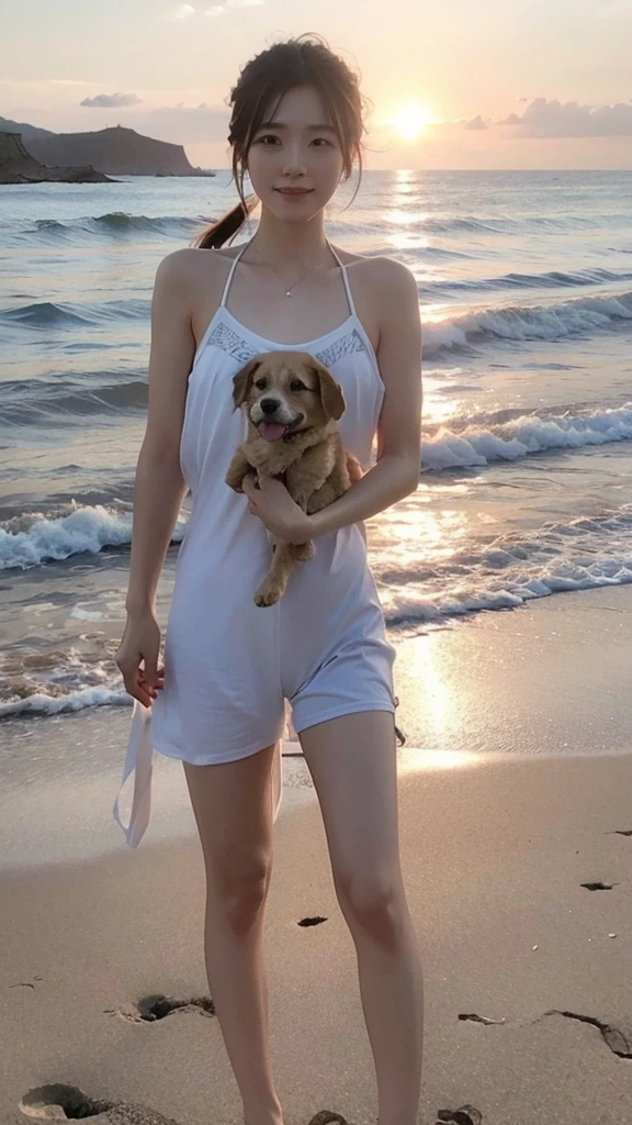 AIBeauty、Show off your whole body、Prompto holding a dog、リアルBeauty、Sunset beach