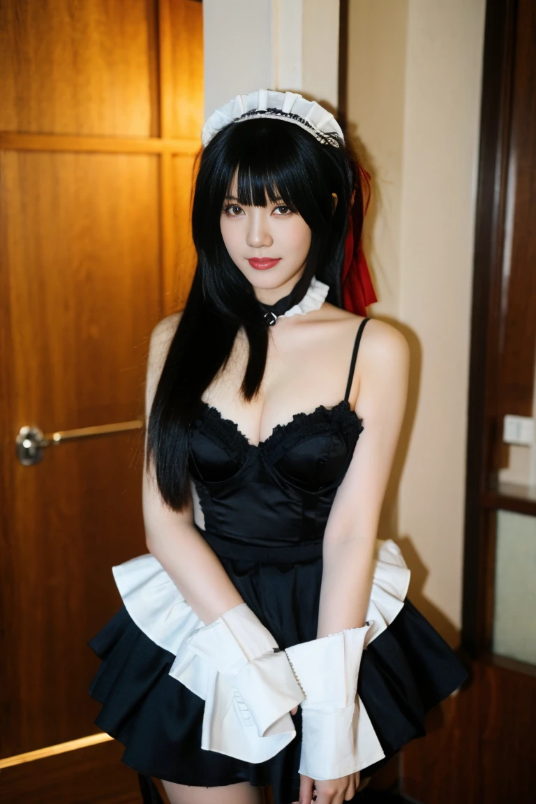  best quality, tmasterpiece,Ultra-high resolution,Clear face,（Reality：1.4），ferpect lighting，(full body shot), (photorealistic:1.50), anime wallpaper, Guviz style artwork, cover-up fantasy up to magic , by Yang J, Guviz, beautiful artwork illustration, beautiful digital artwork, beautiful digital illustration, Li Song, beautiful anime portrait, art style in Beauvot, tokisaki kurumi, black hair, low twintails, (hair above one eye:1.5), (red eyes:1.2), (small breasts:1.2), BREAK blush, smile, thighs, bow, ribbon, cleavage, frills frill, apron, white upper thigh, wrist cuffs, maid, maid headdress, garter strap, BREAK looking at the audience, BREAK indoors, black maid,
