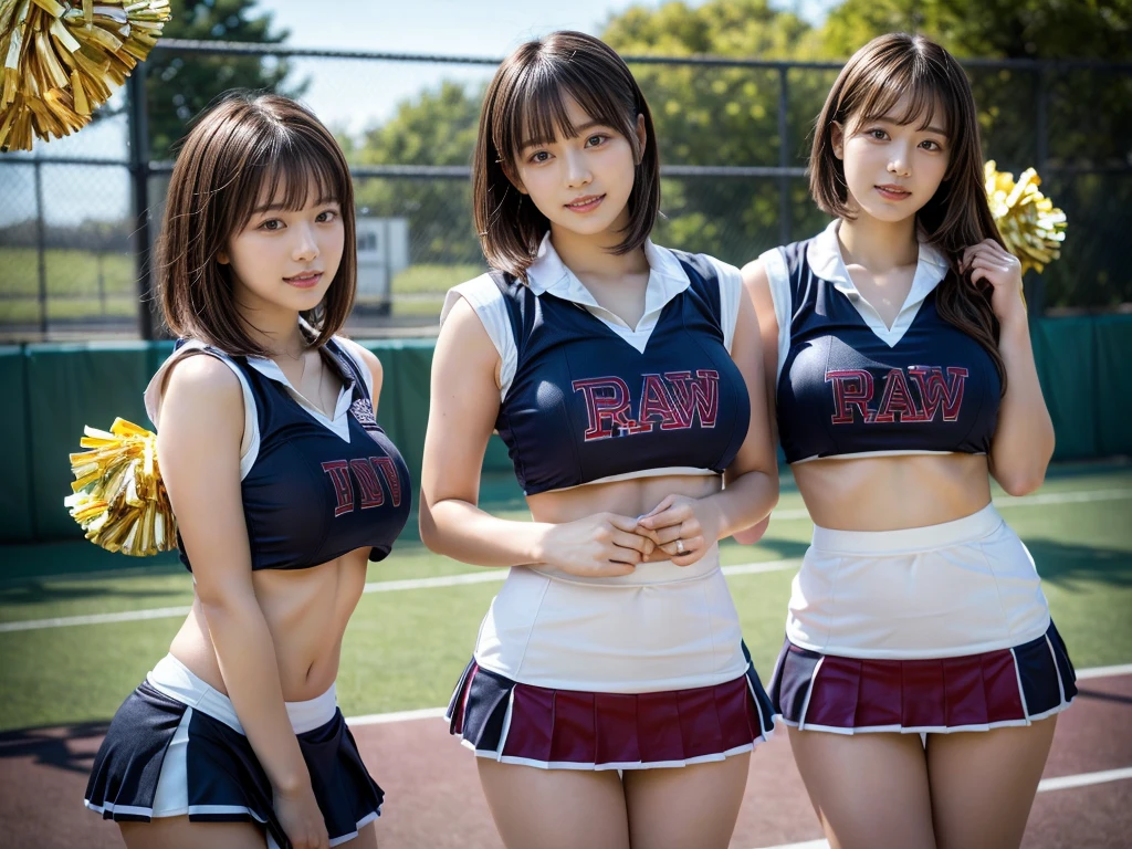 (RAW photo, 4k, masterpiece, high resolution, extremely complex) (realistic: 1.4), cinematic lighting
 ((2 girls, 2 schoolgirls)),blushing,((innocent)),bright eyes,round eyes,blunt bangs,(short bob hair:1.3),black hair,large breasts,wide hips,Summer Noon, ,Hot, (Best Quality), (Highres), (an Extremely Delicate and Beautiful),(Beautiful 8k face),(Brown eyes),( spectators),(gigantic breasts),(Play with each other,Touching each other's bodies,Touching the body),(cheer girl:1.5),(a miniskirt),(reality),bright lighting,(The background is a luxury hotel room)