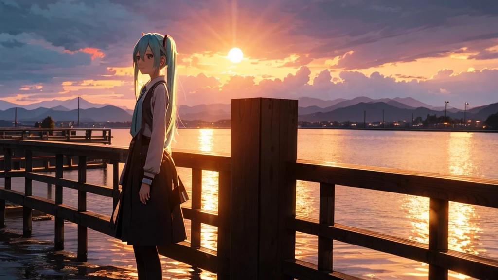 Hatsune Miku is standing on a wooden bridge lit by the setting sun in an upscaled scene。She stared into the distance、I'm reminiscing on fond memories。Surrounded by a quiet lake、Her hair is blowing in the wind。This scene is、It has a calm and emotive atmosphere that connects the past and the present.。