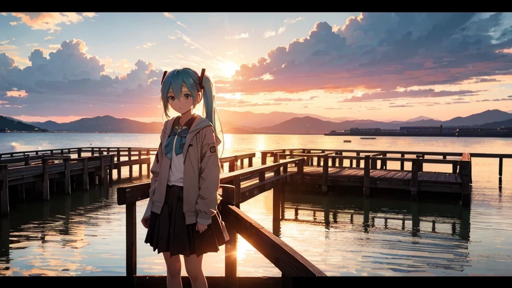Hatsune Miku is standing on a wooden bridge lit by the setting sun in an upscaled scene。She stared into the distance、I'm reminiscing on fond memories。Surrounded by a quiet lake、Her hair is blowing in the wind。This scene is、It has a calm and emotive atmosphere that connects the past and the present.。