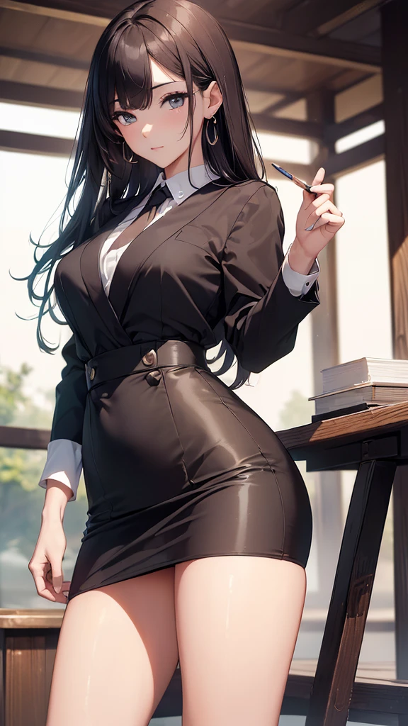 ((best quality,8k,masterpiece:1.4),Ultra-fine details),aldult,curvy,sexy posture,posing, black浓密的长发,gold oval glasses, Exterior,( White skinny shirt,Skinny ultra-short skirt with hips,black),huge , shiny smooth skin,Bright and charming eyes, black eyes,Seductive eyes,Redness of the face,long smooth legs,classroom,blackboard,
