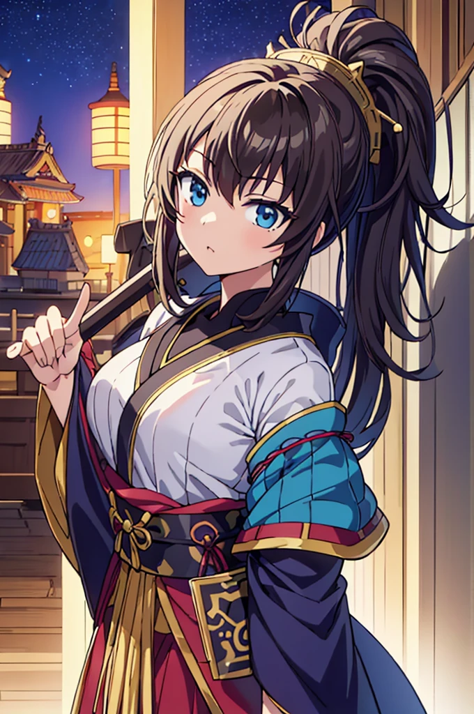 Highest quality, masterpiece, High resolution, alone, (Fire Emblem Hardin),(Fire Emblem: Mystery of the Emblem),turbaned,Japanese sword,kimono,Great armor、Shogun,(armor),(White‗Mantle),(Brown_Hair Color),Young Girl,Starry Sky_background,Anime Style, Highest quality, 4k, masterpiece,, alone, 1,whole body,looking at the camera, Shinkai Makoto style, Sharp Eyes,(Full Finger), (Accurate fingertips), (The finer details), (Anatomically correct), (映画のbackground), Hyper Detail, (Subtle details), (Intricate details),