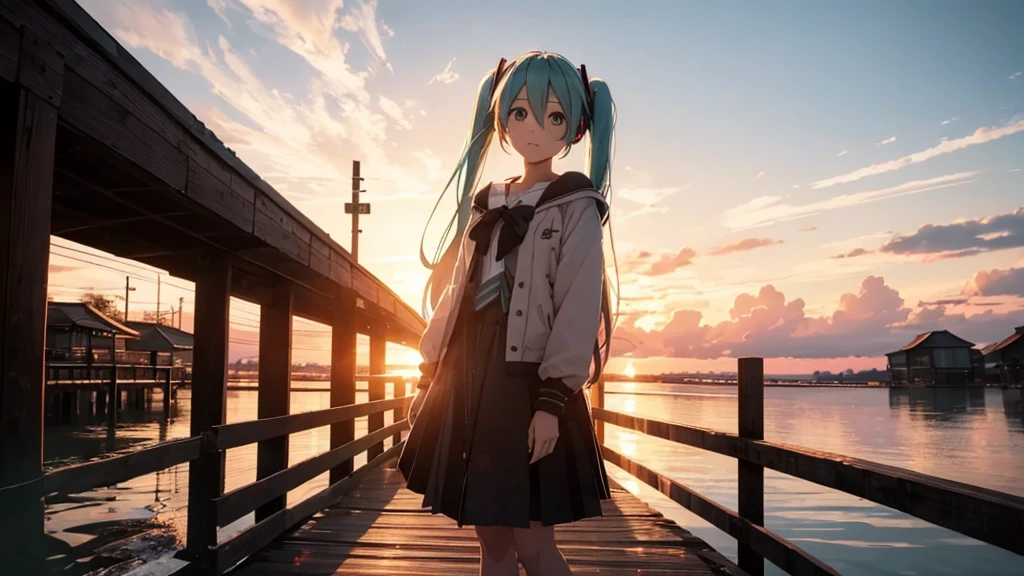 Hatsune Miku is standing on a wooden bridge lit by the setting sun in an upscaled scene。She stared into the distance、I'm reminiscing on fond memories。Surrounded by a quiet lake、Her hair is blowing in the wind。This scene is、It has a calm and emotive atmosphere that connects the past and the present.。