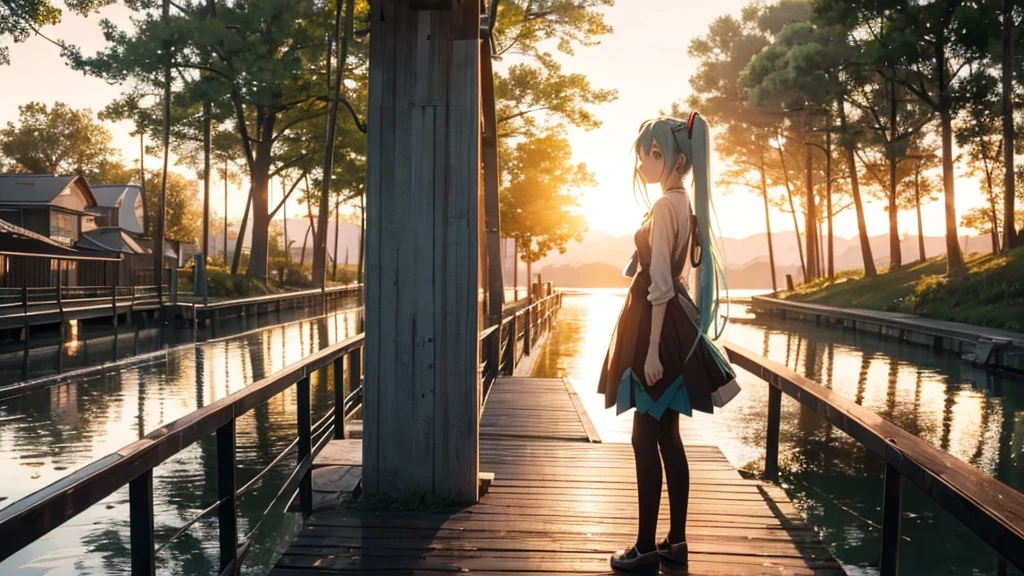 Hatsune Miku is standing on a wooden bridge lit by the setting sun in an upscaled scene。She stared into the distance、I&#39;m reminiscing on fond memories。Surrounded by a quiet lake、Her hair is blowing in the wind。This scene is、It has a calm and emotive atmosphere that connects the past and the present.。