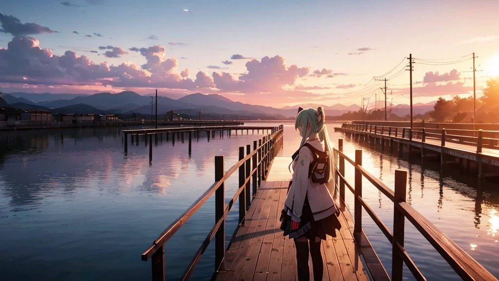 Hatsune Miku is standing on a wooden bridge lit by the setting sun in an upscaled scene。She stared into the distance、I'm reminiscing on fond memories。Surrounded by a quiet lake、Her hair is blowing in the wind。This scene is、It has a calm and emotive atmosphere that connects the past and the present.。