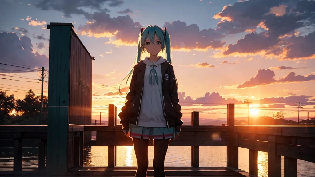 Hatsune Miku is standing on a wooden bridge lit by the setting sun in an upscaled scene。She stared into the distance、I'm reminiscing on fond memories。Surrounded by a quiet lake、Her hair is blowing in the wind。This scene is、It has a calm and emotive atmosphere that connects the past and the present.。