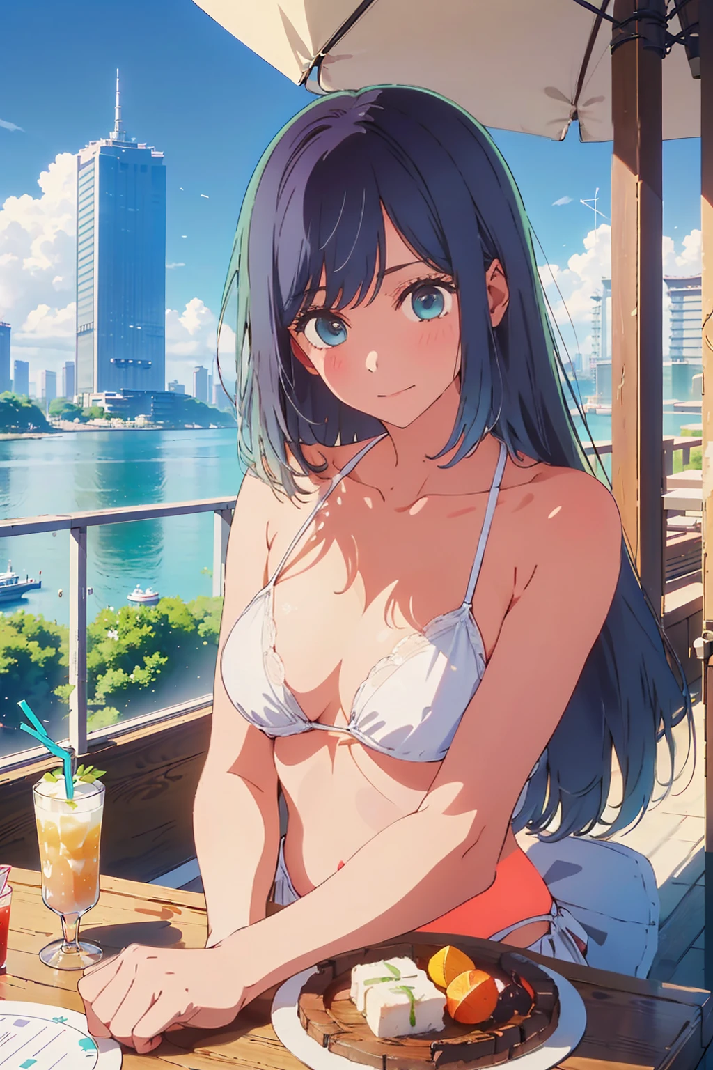 Highest quality,8k,detailed,F cup bust、Big Breasts、Very cute face、Slim and beautiful arms、Slim body、((((1 person、looking at the camera、smile、Very white beautiful skin、Thin white bikini、smile、sit、In the background are the skyscrapers of Tokyo city、Outdoor café terrace、Drink juice、Cheek resting on hand、coastal、table、Shooting from a distance))))、I can see the deep blue sky、She tilted her head slightly、The atmosphere is bright and lively、The woman is at the center of the image。