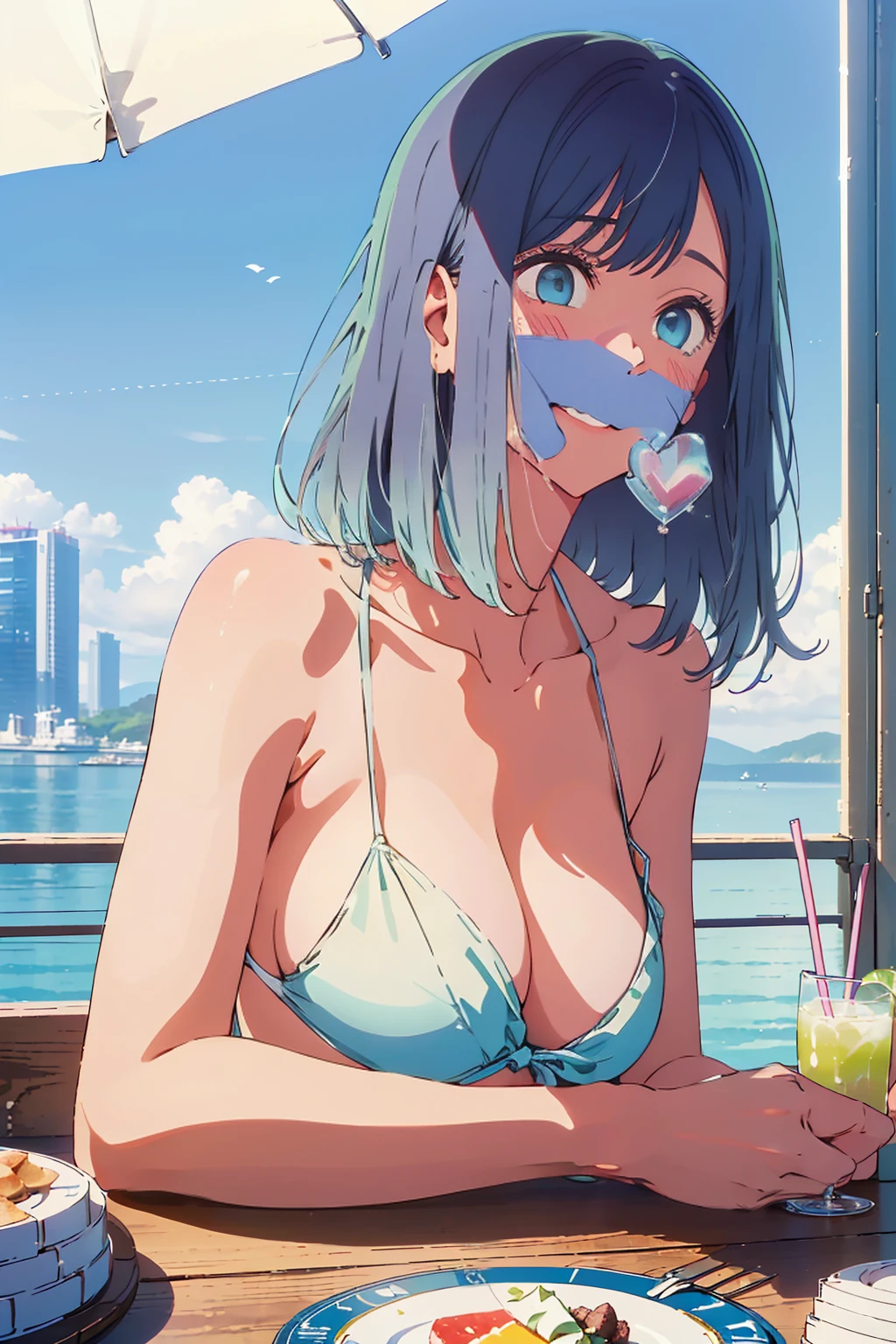 Highest quality,8k,detailed,F cup bust、Big Breasts、Very cute face、Slim and beautiful arms、Slim body、((((1 person、looking at the camera、smile、Very white beautiful skin、Thin white bikini、smile、sit、In the background are the skyscrapers of Tokyo city、Outdoor café terrace、Drink juice、Cheek resting on hand、coastal、table、Shooting from a distance))))、I can see the deep blue sky、She tilted her head slightly、The atmosphere is bright and lively、The woman is at the center of the image。