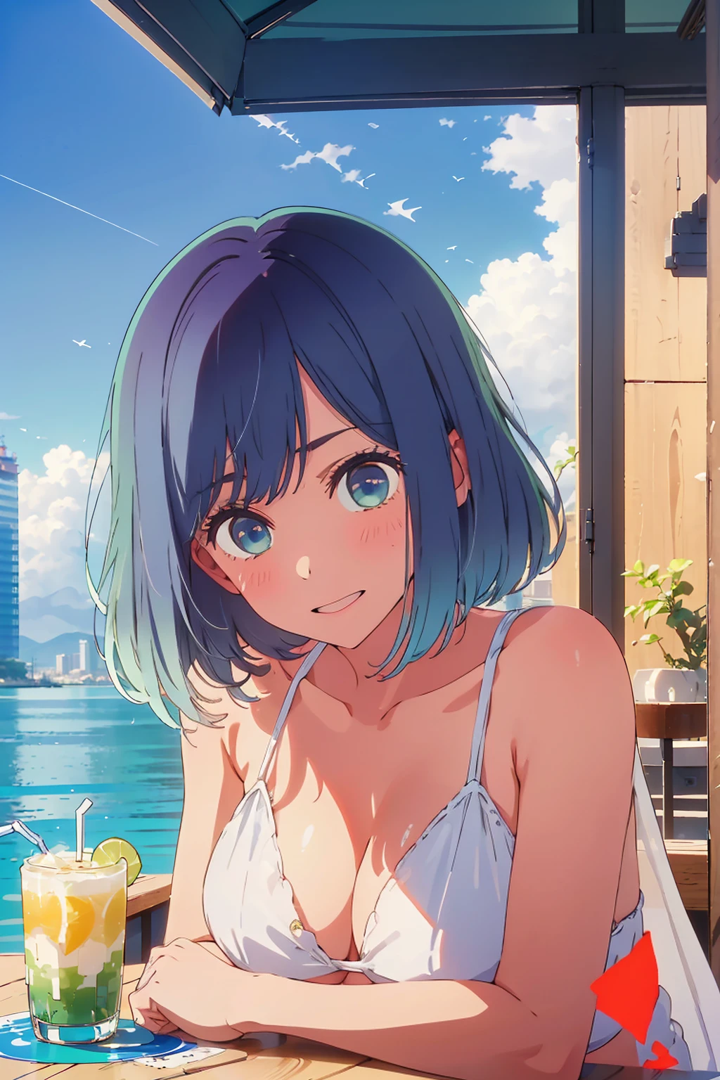 Highest quality,8k,detailed,F cup bust、Big Breasts、Very cute face、Slim and beautiful arms、Slim body、((((1 person、looking at the camera、smile、Very white beautiful skin、Thin white bikini、smile、sit、In the background are the skyscrapers of Tokyo city、Outdoor café terrace、Drink juice、Cheek resting on hand、coastal、table、Shooting from a distance))))、I can see the deep blue sky、She tilted her head slightly、The atmosphere is bright and lively、The woman is at the center of the image。