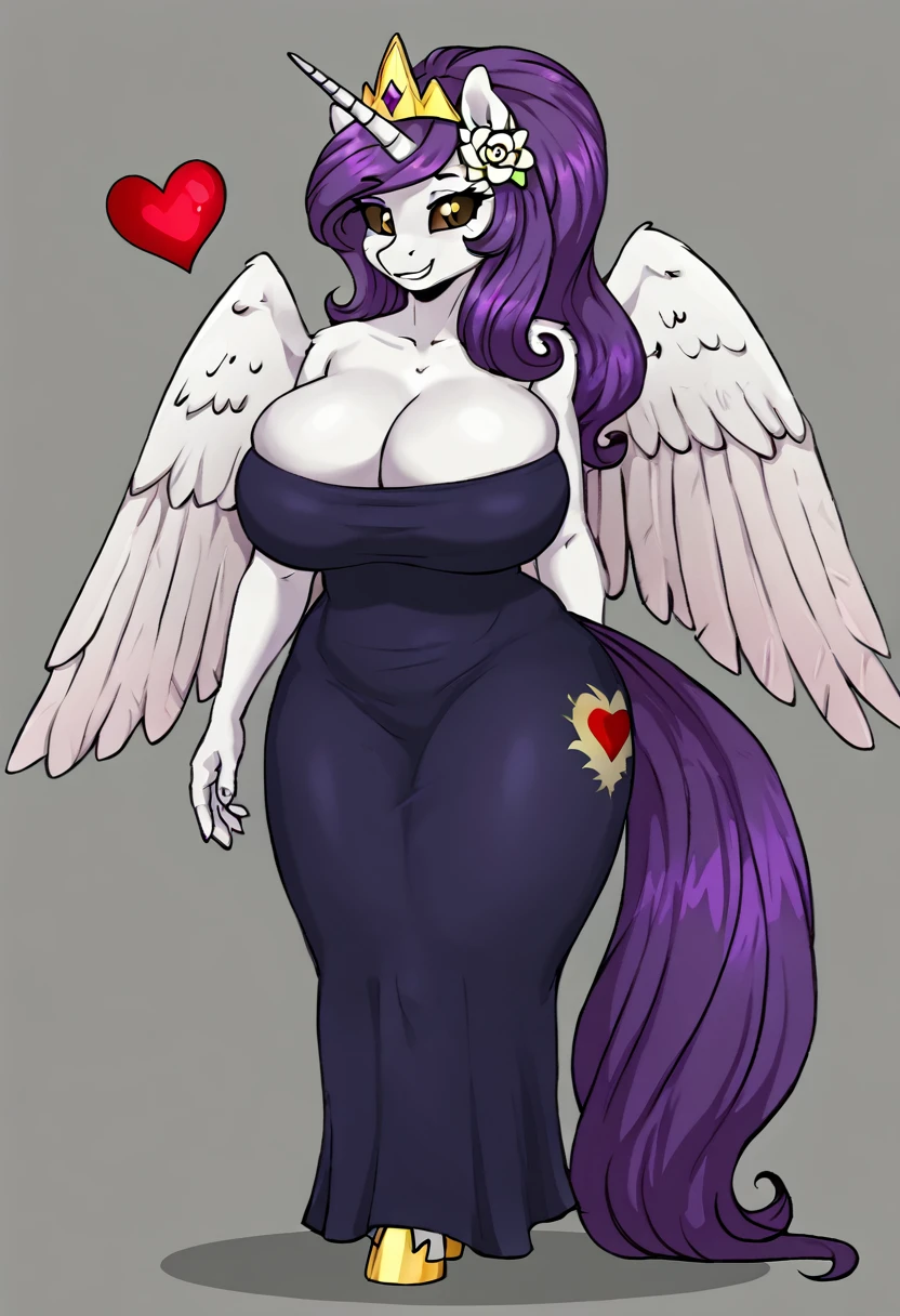 Alicorn princess anthro ,white fur,brown eyes white sclera, blue and purple mane smiling ,big breasts and big ass wearing beautiful dress,flower in hair red heart cutie mark