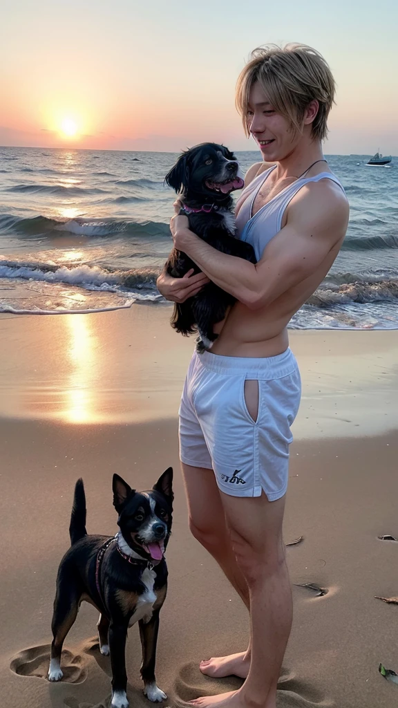 AIBeauty、Show off your whole body、Prompto holding a dog、リアルBeauty、Sunset beach