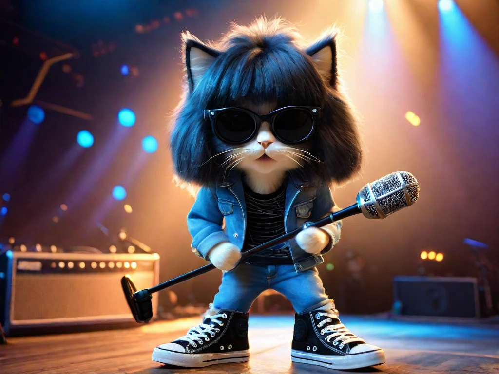 Cute anthropomorphic kitten fluffy cartoon with very long hair black with bangs, singing with microphone in hand (black sunglasses with oval lenses) by Joey Ramone digital painting 3d cosplay Ramones pants jeans, All Star shoes in the background concert stage with several lights blue, isometric view, Cinematic, Hyperrealistic, Backlit, Extremely low angle, Highly detailed, scaled down, Unrealistic rendering, 16K