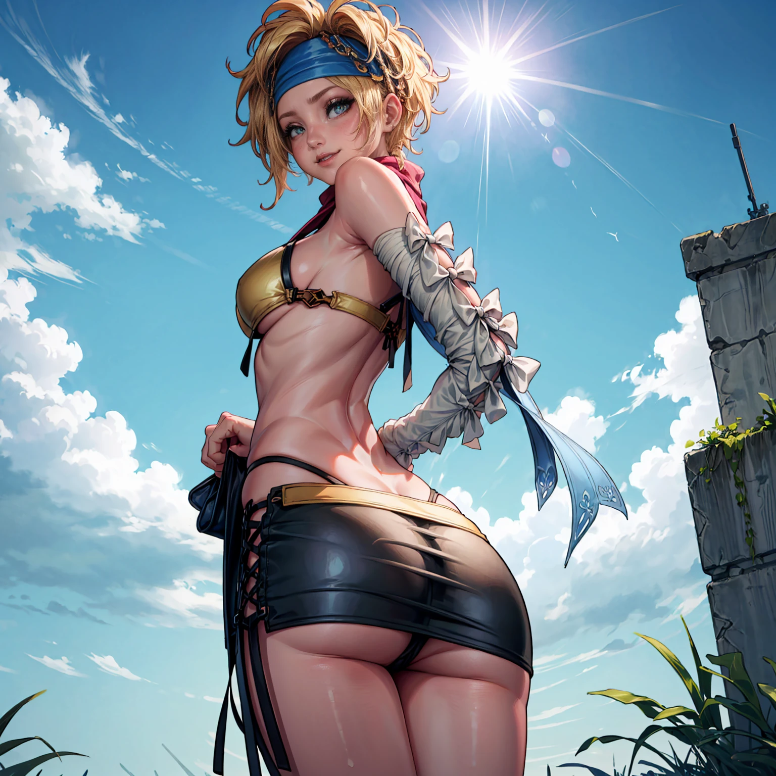 RikkuX2, ((long blonde hair, blue headband, glowing blue eyes, makeup, narrow waist, skinny, medium breasts, helmet)), pelvic curtain, ((yellow bikini, scarf, skirt, navel, detached sleeves, bikini top only)), full body, perfect body, (insanely detailed, beautiful detailed face, masterpiece, best quality) , (((solo))), (((1girl))), (((mature))), (extremely detailed 8k paper CG wall unit: 1.1), (beach, cloud, sky, sun), (smile face for the viewer), underbutt, from behind, from back