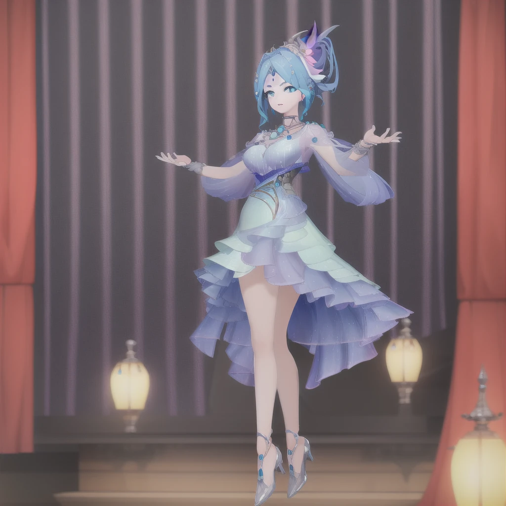 8k,highres,absurdres,masterpiece,best quality,original,extremely detailed CG,extremely detailed wallpaper,perfect lighting,1girl,solo,blurry_background,looking_at_viewer,standing on the stage,
WZRYdiaochanHQG,blue hair,dress,bare legs,long hair,blue eyes,hair ornament,jewelry,high heels,necklace,puffy long sleeves,