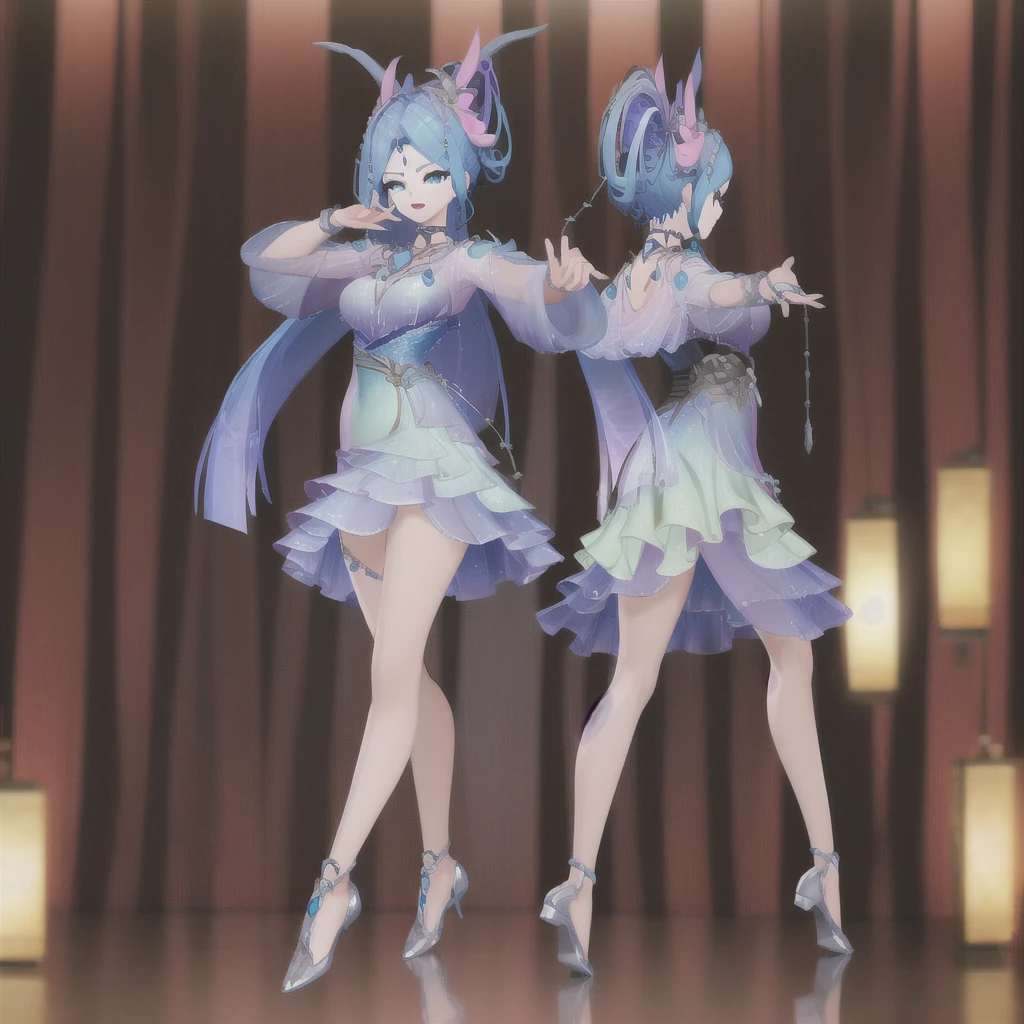 8k,highres,absurdres,masterpiece,best quality,original,extremely detailed CG,extremely detailed wallpaper,perfect lighting,1girl,solo,blurry_background,looking_at_viewer,standing on the stage,
WZRYdiaochanHQG,blue hair,dress,bare legs,long hair,blue eyes,hair ornament,jewelry,high heels,necklace,puffy long sleeves,