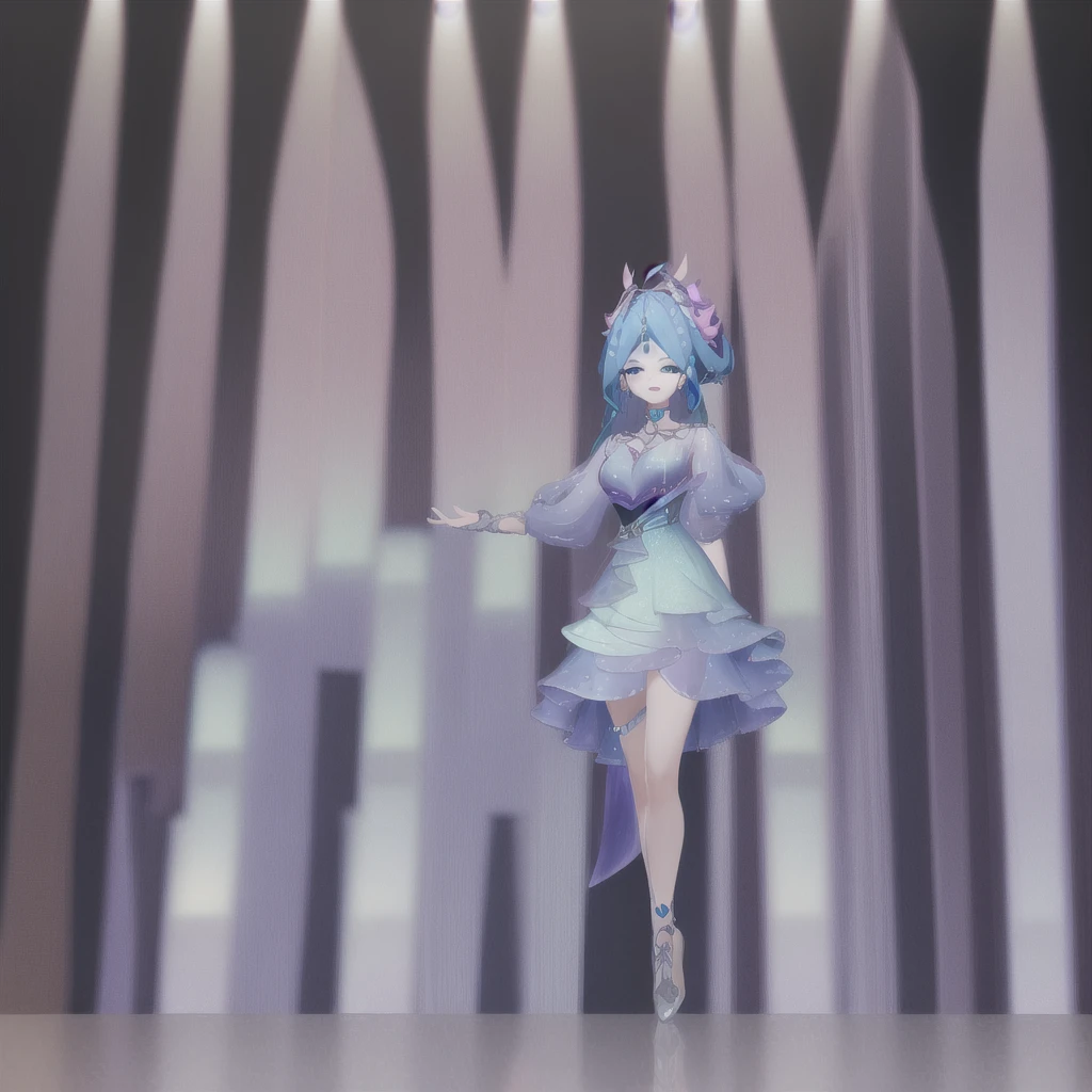 8k,highres,absurdres,masterpiece,best quality,original,extremely detailed CG,extremely detailed wallpaper,perfect lighting,1girl,solo,blurry_background,looking_at_viewer,standing on the stage,
WZRYdiaochanHQG,blue hair,dress,bare legs,long hair,blue eyes,hair ornament,jewelry,high heels,necklace,puffy long sleeves,