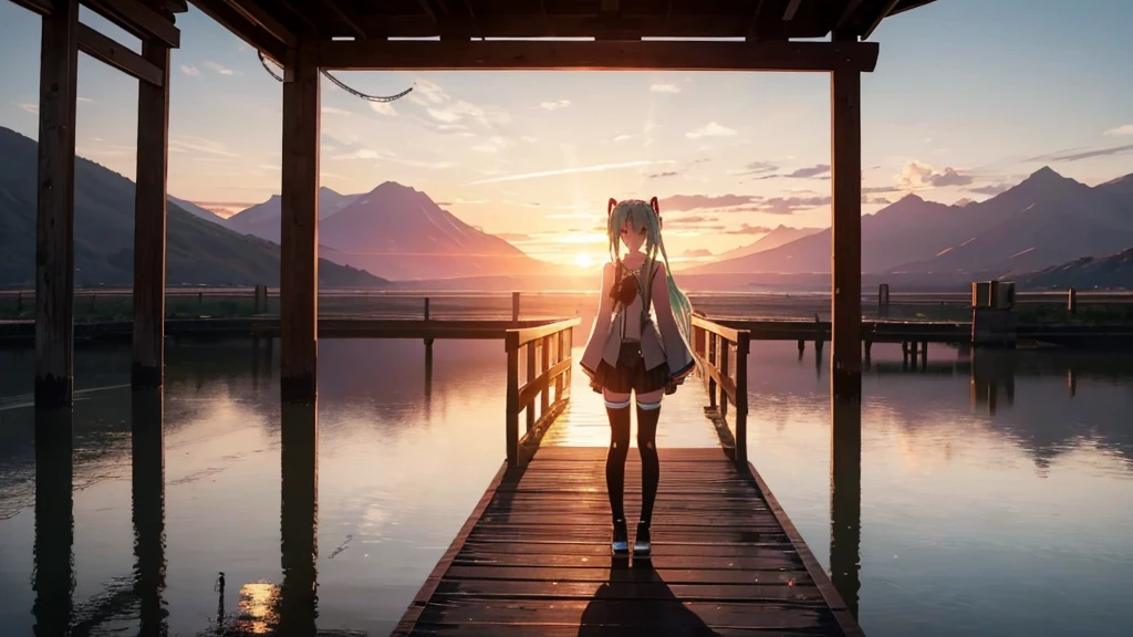 Hatsune Miku is standing on a wooden bridge lit by the setting sun in an upscaled scene。She stared into the distance、I&#39;m reminiscing on fond memories。Surrounded by a quiet lake、Her hair is blowing in the wind。This scene is、It has a calm and emotive atmosphere that connects the past and the present.。