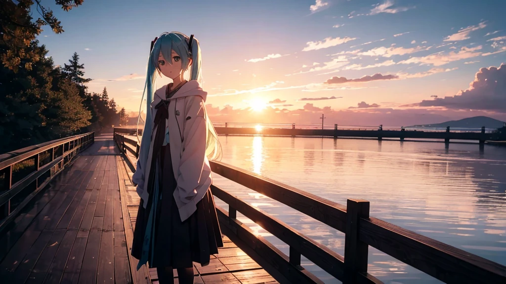 Hatsune Miku is standing on a wooden bridge lit by the setting sun in an upscaled scene。She stared into the distance、I'm reminiscing on fond memories。Surrounded by a quiet lake、Her hair is blowing in the wind。This scene is、It has a calm and emotive atmosphere that connects the past and the present.。