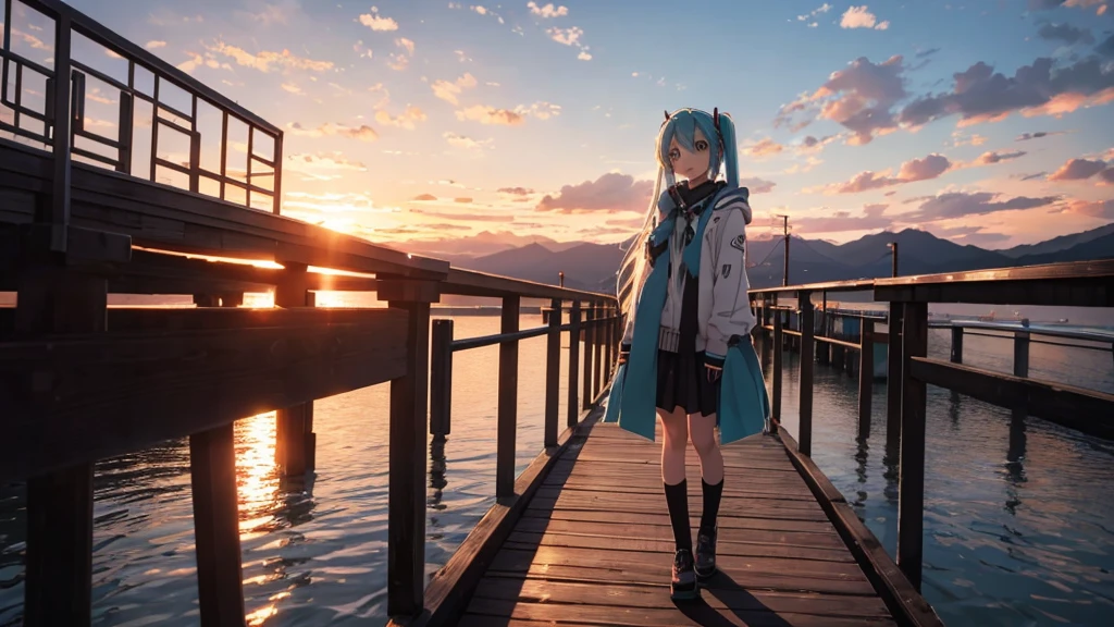Hatsune Miku is standing on a wooden bridge lit by the setting sun in an upscaled scene。She stared into the distance、I&#39;m reminiscing on fond memories。Surrounded by a quiet lake、Her hair is blowing in the wind。This scene is、It has a calm and emotive atmosphere that connects the past and the present.。