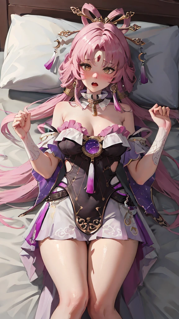 masterpiece, absurd, (Intricate details), (rich and colorful), cinematography lighting, Extremely detailed 8k CG Unity wallpaper, 1 girl, Large Breasts,short ,white, nervous, Awkward,ashamed,lol, blush, ,Jade Foot, ,,Tighten your legs,open mouth,嘴里面流出white色液体,Lying in bed,whole body,