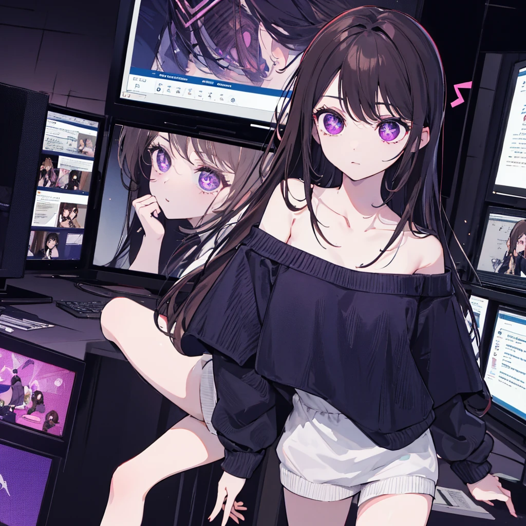 ((Best quality)), ((masterpiece)), (detailed), attractive girl, monitor in place of the head, cursor on screen, long off-shoulder sweater, slender legs, Violet eyes, brunette Your eyes are like two cursors Flashing on your face. 
I swear to you by the monitor - I need you as COMMAND.COM