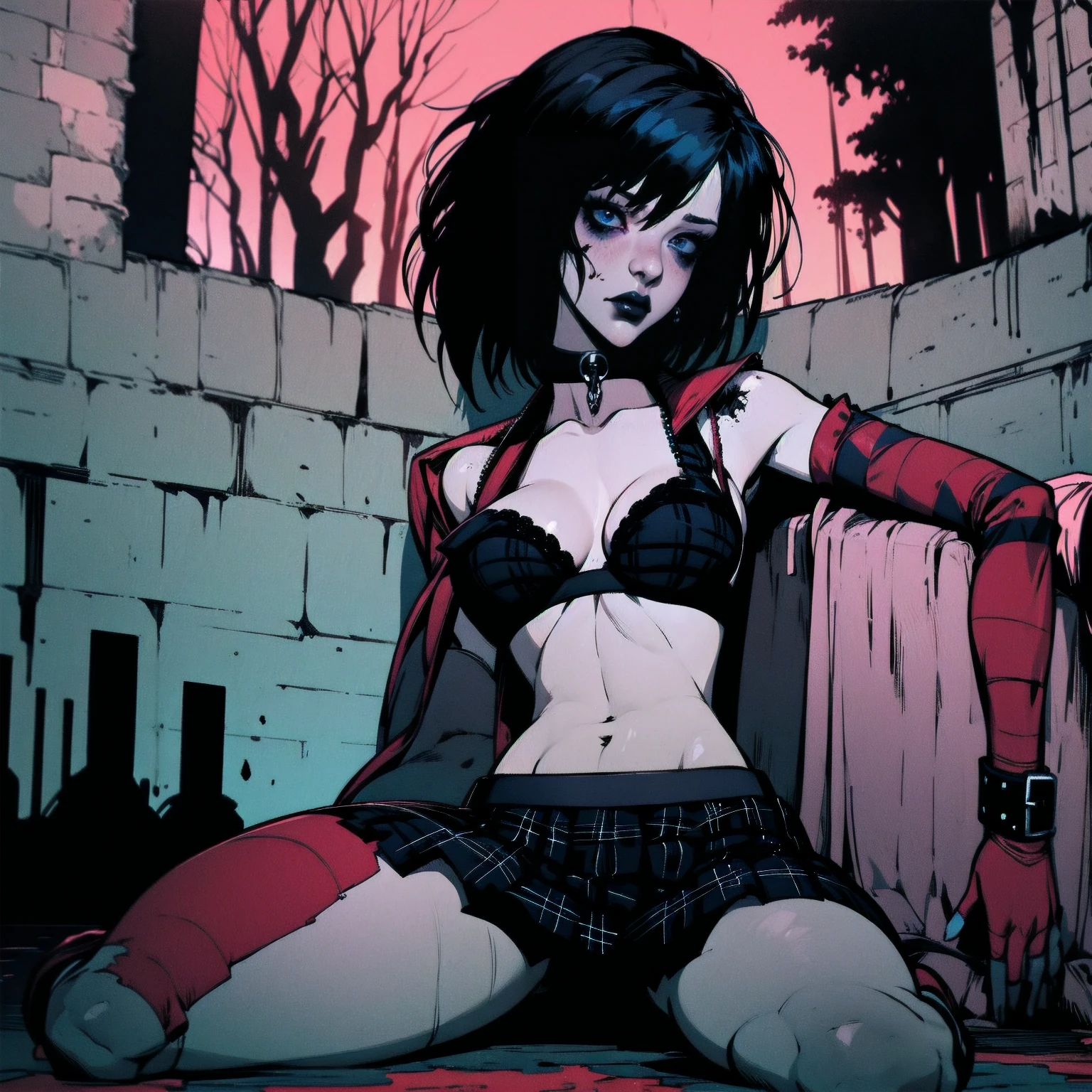 a woman with short black hair, hair on shoulders, wearing a black cropped and plaid skirt, blue eyes, zombie art, gothic art, cute aesthetic with vibe, toon aesthetic, wearing red costume, wearing gothic accessories, look like Cassie Hack, sitting on the ground, castle background