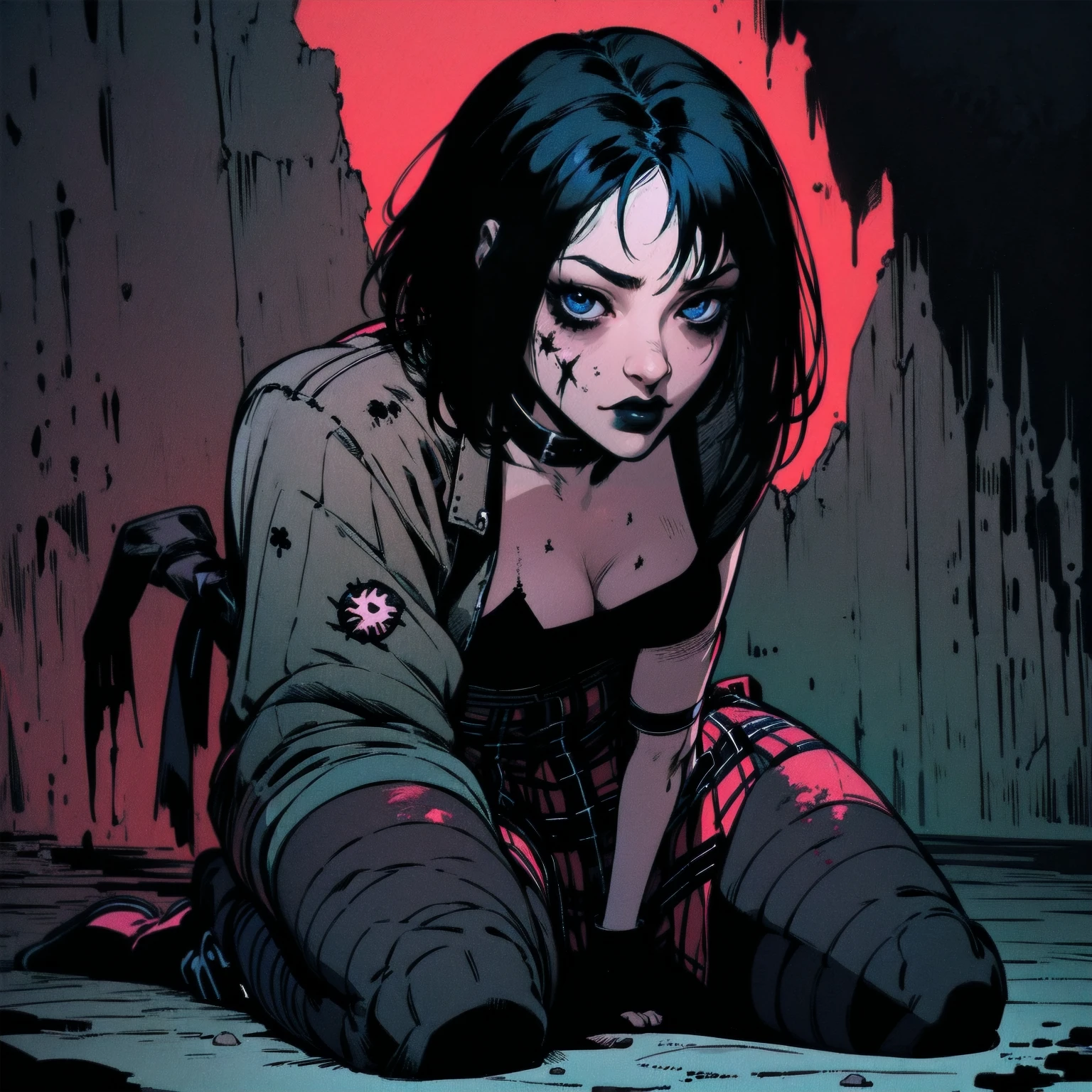 a woman with short black hair, hair on shoulders, wearing a black cropped and plaid skirt, blue eyes, zombie art, gothic art, cute aesthetic with vibe, toon aesthetic, wearing red costume, wearing gothic accessories, look like Cassie Hack, sitting on the ground, castle background