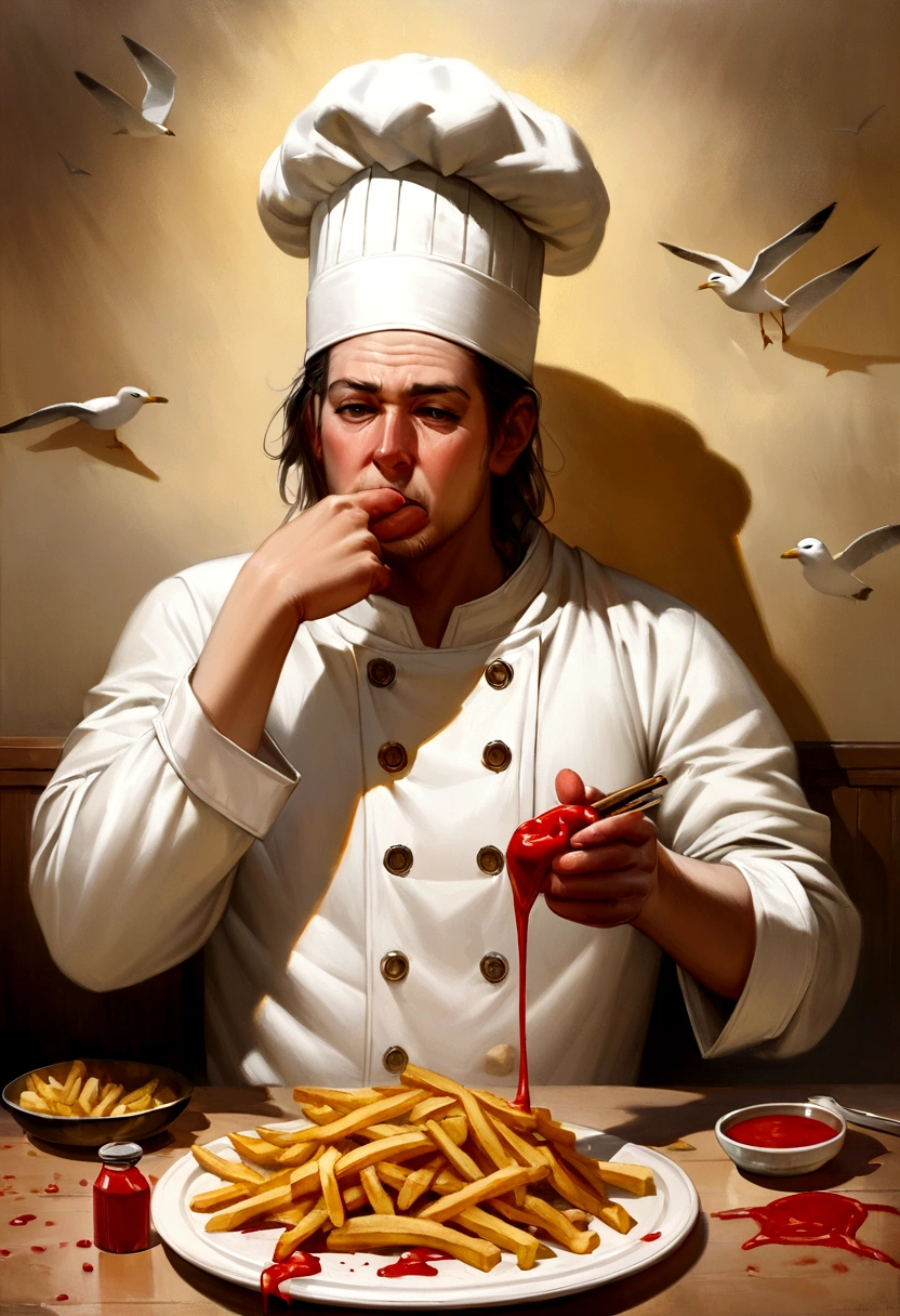 a seagull wearing chef suit, cooking fries, hilarious, slumber, messy work, ketchup splat everywhere, fine art, epic realism