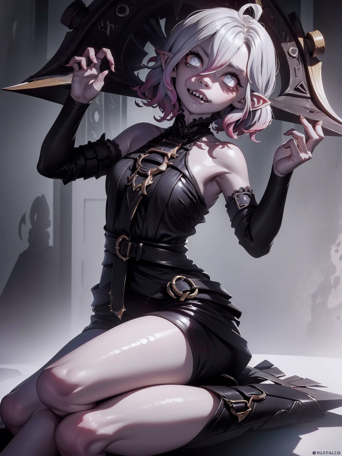 (Obra maestra, La mejor calidad, Ultra detallado), 1girl, BriarLoL, piel gris, cana, pelo corto, (orejas puntiagudas, dientes afilados), Mirando al espectador, Black clothes, sitting, perfect fingers, angry face