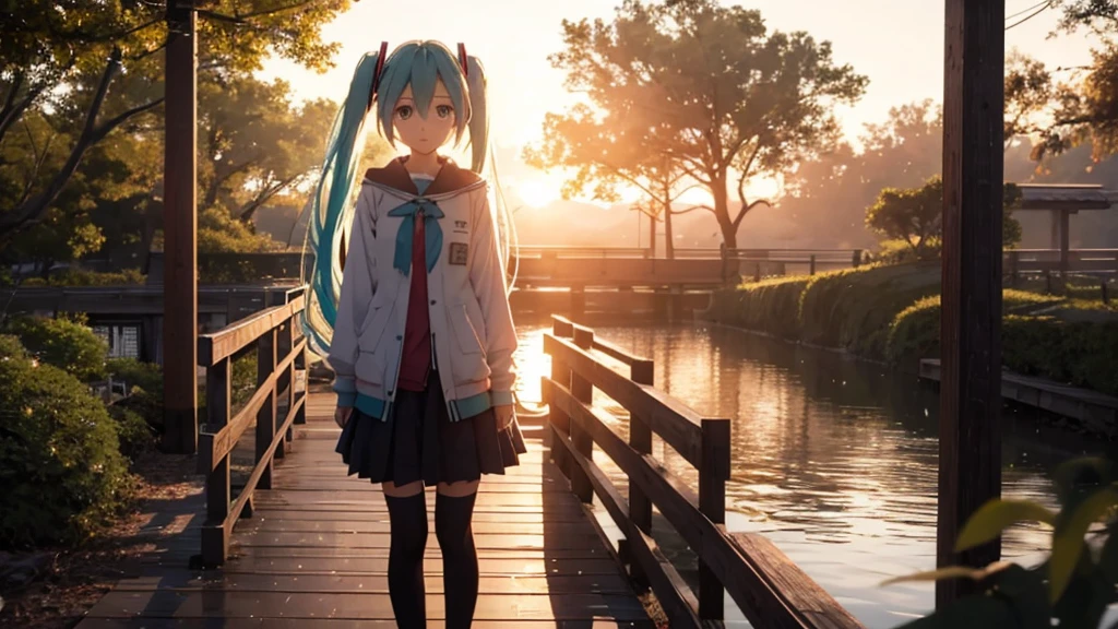 Hatsune Miku is standing on a wooden bridge lit by the setting sun in an upscaled scene。She stared into the distance、I'm reminiscing on fond memories。Surrounded by a quiet lake、Her hair is blowing in the wind。This scene is、It has a calm and emotive atmosphere that connects the past and the present.。