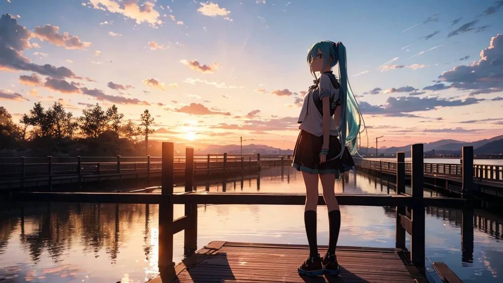 Hatsune Miku is standing on a wooden bridge lit by the setting sun in an upscaled scene。She stared into the distance、I'm reminiscing on fond memories。Surrounded by a quiet lake、Her hair is blowing in the wind。This scene is、It has a calm and emotive atmosphere that connects the past and the present.。