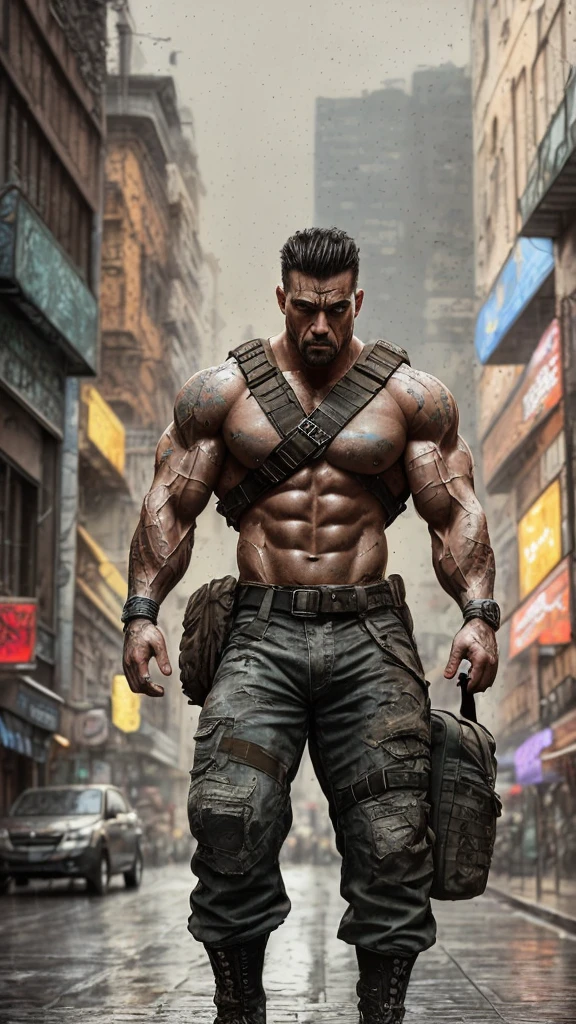 strong muscular man, street angry, backpack, epic realistic, photo, faded, complex stuff around, intricate background, soaking wet, neutral colors, ((((hdr)))), ((((muted colors)))), intricate scene, artstation, intricate details, vignette