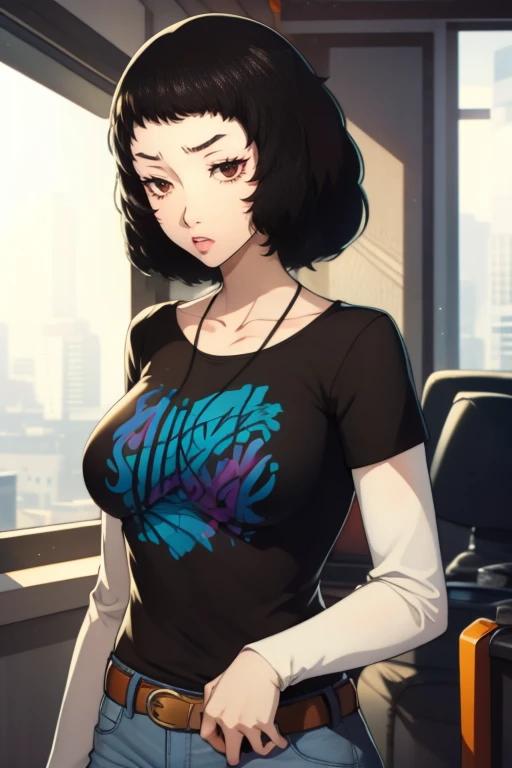 sadayokawakami, 1girl, solo, black t-shirt, white shirt, blue jeans, belt, lipstick, large breasts
