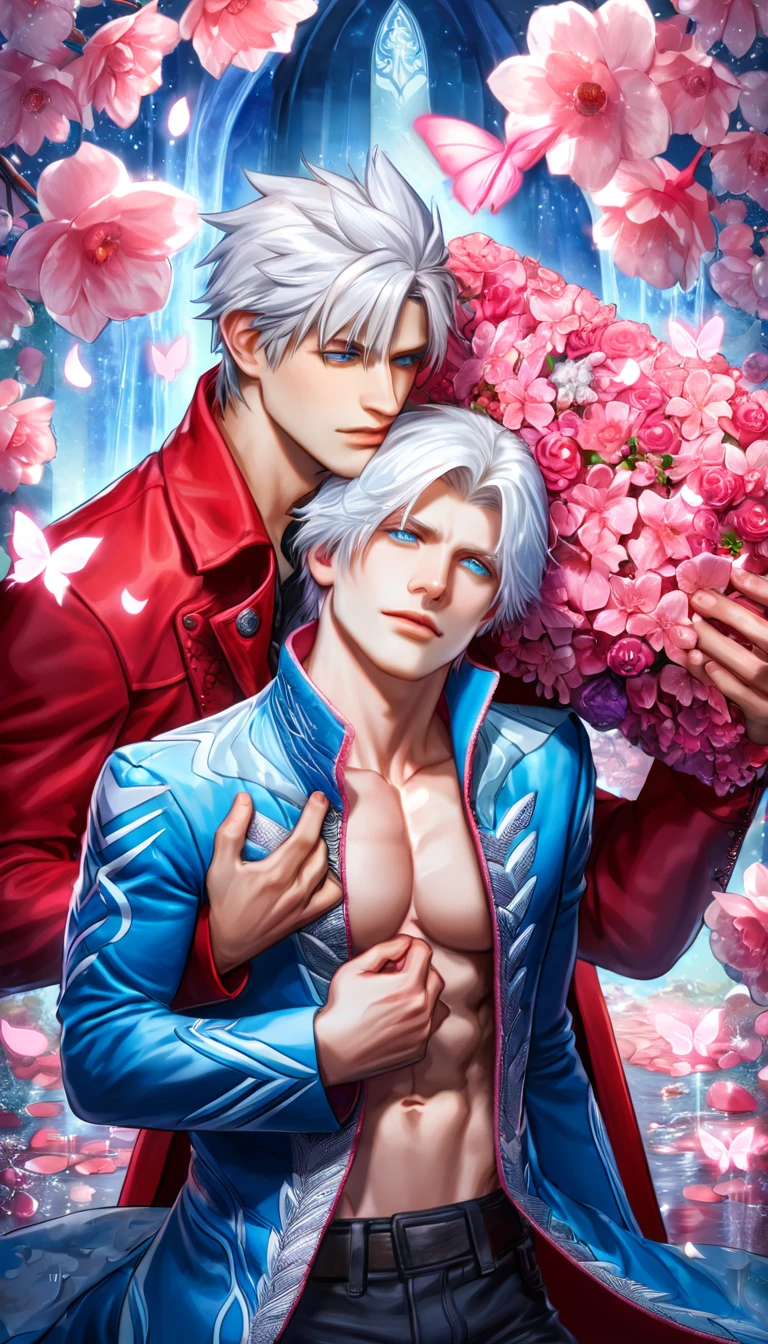 absurdres, highres, ultra detailed, HDR, master piece, best quality, Dante, white hair, expressive blue eyes, devil may cry, Vergil, white hair, expressive blue eyes, two sexy men together, gay couple, yaoi, handsome, toned chest, red coat, blue coat, magical, fantasy, shining, pink flowers, pink blossoms, pink butterflies, pink petals, water
