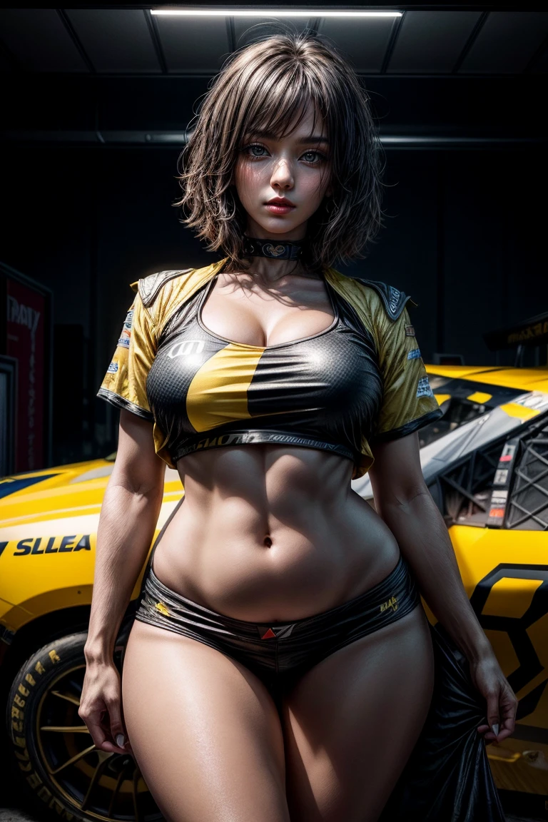 black_hair, sexy, belly pooch, (((yellow))) NASCAR, car racing, wearing racer top, voluptuous, showing navel, crop top, closeup, masterpiece, best quality, sexy, dynamic pose,aesthetic, beautiful face, curvy hips, thick thighs, face focus, closeup, 8k, RAW photo, photo-realistic, short hair, messy hair, bangs, photorealistic, dark shot, spooky, intense stare, cinematic lights, intricate details, highly detailed, slate atmosphere, cinematic, dimmed colors