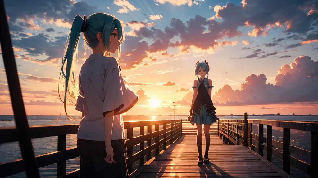 Hatsune Miku is standing on a wooden bridge lit by the setting sun in an upscaled scene。She stared into the distance、I&#39;m reminiscing on fond memories。Surrounded by a quiet lake、Her hair is blowing in the wind。This scene is、It has a calm and emotive atmosphere that connects the past and the present.。