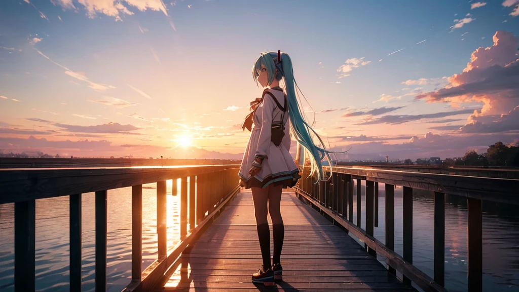 Hatsune Miku is standing on a wooden bridge lit by the setting sun in an upscaled scene。She stared into the distance、I'm reminiscing on fond memories。Surrounded by a quiet lake、Her hair is blowing in the wind。This scene is、It has a calm and emotive atmosphere that connects the past and the present.。